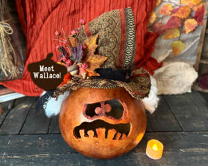 A hand carved monster pumpkin with a grumpy, toothy smile. His name is Wallace and wears a custom top hat. His wispy white hair sticks out.